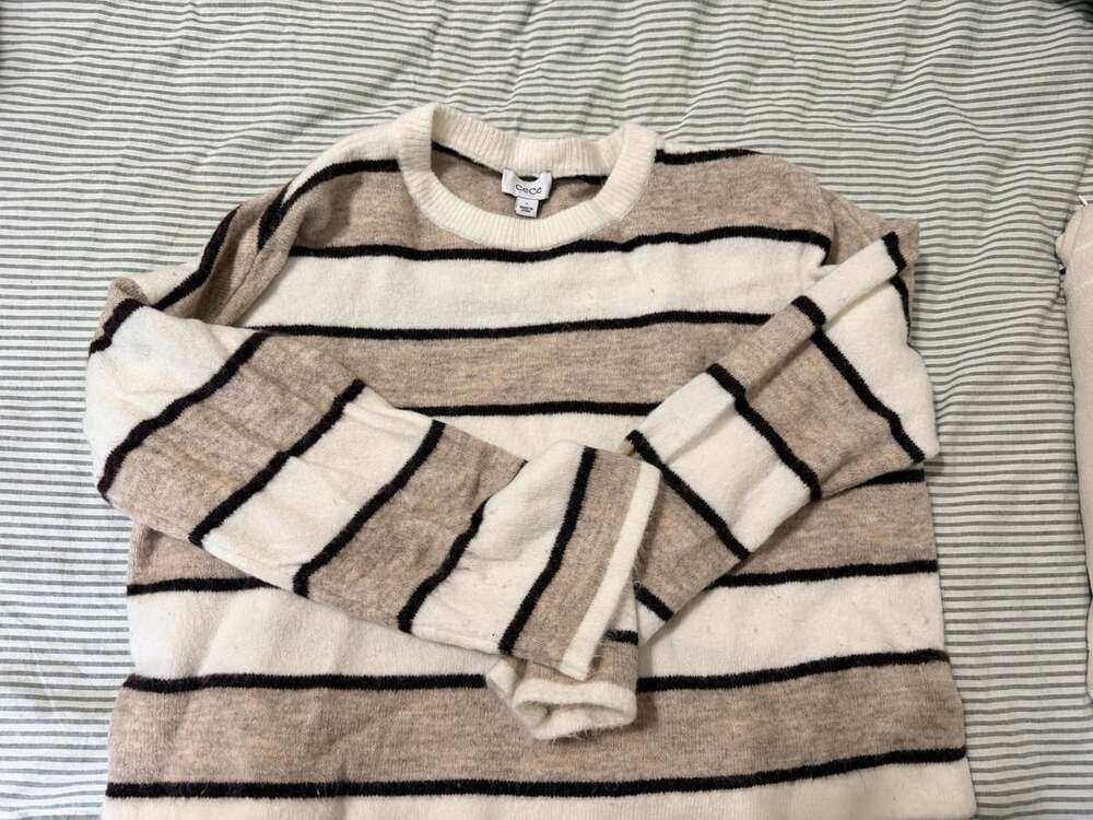 CeCe Striped Sweater Size L Beige Black White Crewneck Knit